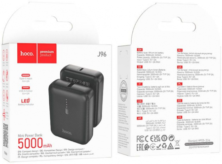Внешний аккумулятор 5 000 mAh, вход Type-C, выход 1 USB до 2.0 А, HOCO J96, High, цвет чёрный